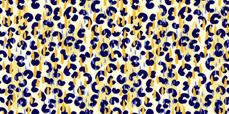 Summer seamless pattern with abstract leopard spots and colorful raindrop shapes in navy, blue and yellow. Bold and playful design for fashion and modern textile prints