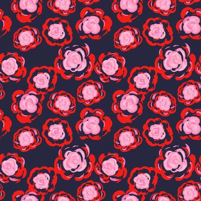WebSeamless floral pattern with hand drawn pink and red abstract roses on a dark navy background. Bold and romantic design perfect for fabric, wallpaper, packaging, and surface prints