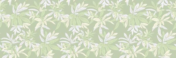Seamless tropical leaf pattern with hand drawn style foliage on a pastel mint green background. Nature ornament for textiles, wallpapers, packaging, surface design vector