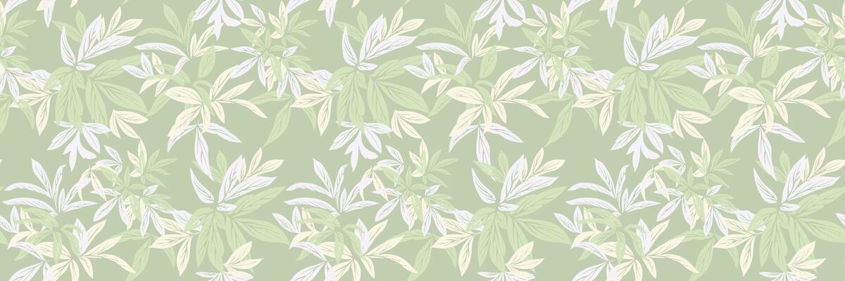 Seamless tropical leaf pattern with hand drawn style foliage on a pastel mint green background. Nature ornament for textiles, wallpapers, packaging, surface design