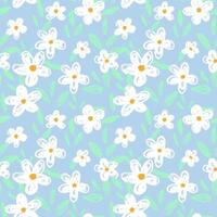 Seamless pattern with hand drawn flowers and leaves on a pastel blue background. Crayon texture gives a playful and cheerful feel. Template for kids design, fabric, stationery vector