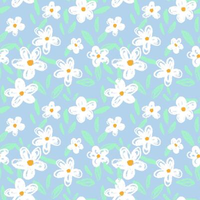 Seamless pattern with hand drawn flowers and leaves on a pastel blue background. Crayon texture gives a playful and cheerful feel. Template for kids design, fabric, stationery