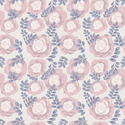 Seamless floral pattern with hand painted pastel roses with soft blue leaves on a light beige background. Elegant watercolor style is perfect for textiles, wallpapers, stationery, packaging