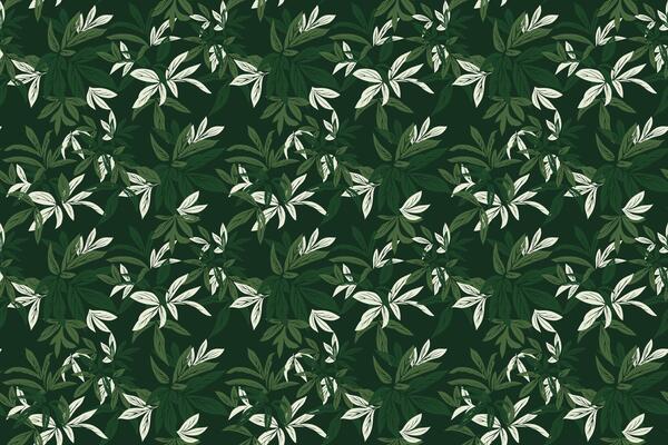 Seamless pattern with bold tropical leaves in green and deep on a dark background. Stylish botanical design for fabric, packaging, wallpapers, print, and fashion projects
