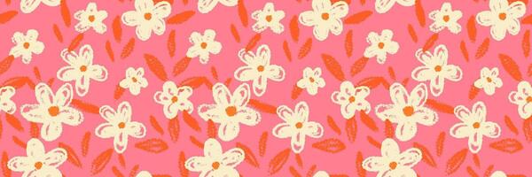 Seamless floral pattern with playful crayon style flowers and orange leaves on a pink background. Template for kids textiles, stationery, wrapping paper, cheerful designs vector
