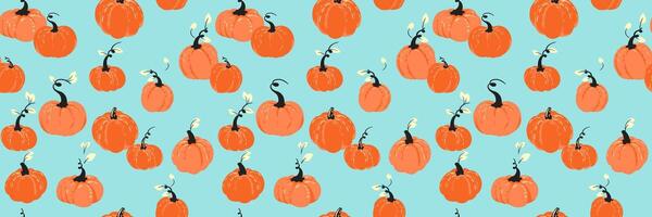 Seamless pattern with playful orange pumpkins and decorative leaves on a vivid blue background. Template for autumn, Thanksgiving, fall wrapping paper, and seasonal textile design vector