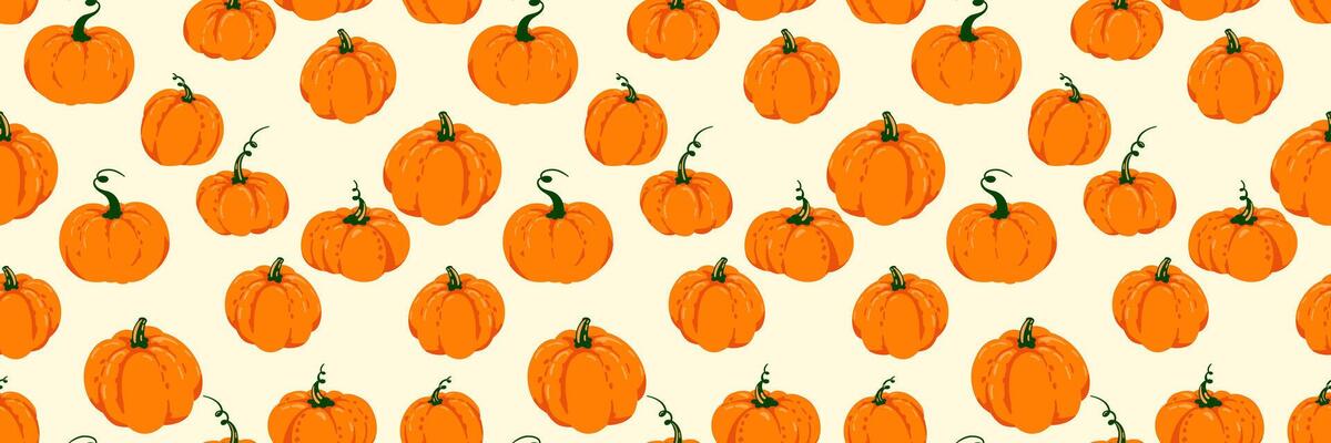 Seamless pattern with hand drawn orange pumpkins on a light cream background. Ideal for autumn, Thanksgiving, Halloween, seasonal packaging, fabric, and fall themed projects