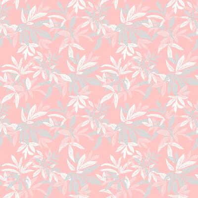 Seamless pattern with tropical leaves in shades of pastel, muted and light on a soft pink background. Nature ornament for fabric, wallpaper, packaging, and spring or summer themed designs