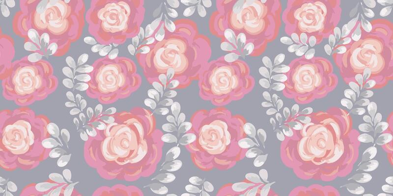 Seamless floral pattern featuring hand painted soft pink roses with light leaves on a muted background. Pastel ornament for textiles, wallpapers, packaging, stationery, spring or summer designs