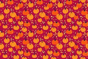 Seamless pattern featuring hand drawn pumpkins and autumn leaves on a deep red background. Template for seasonal fall designs, Thanksgiving, packaging, fabrics, and greeting cards vector
