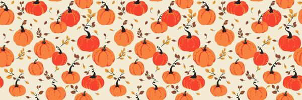 Seamless pattern with bright orange pumpkins and autumn leaves on a light background. Template for Halloween, Thanksgiving, fall decor, textile design, and seasonal packaging. vector
