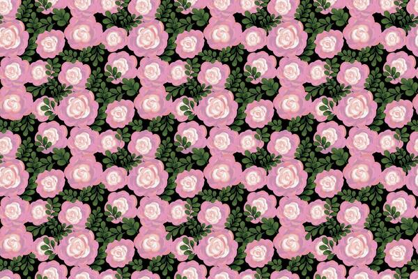 Seamless floral pattern with hand painted pink roses and lush green leaves on a black background. artistic brushstroke style, ideal for fabric, wallpaper, wrapping paper, and decor