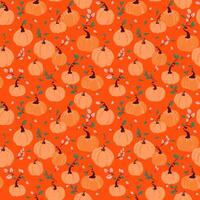 Seamless pattern with hand drawn pumpkins and autumn leaves on a rich orange background. Template for fall designs, Thanksgiving decor, fabric prints, packaging, and seasonal projects vector