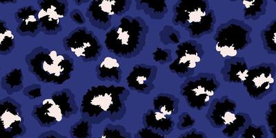 Vibrant leopard-inspired seamless pattern with bold black spots outlined in blue and pink, set on a light background. Unique abstract animal print ornament for fashion design, modern decor, vector