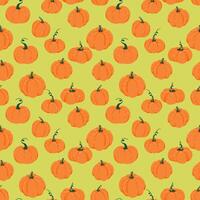 Seamless pattern with hand drawn orange pumpkins on a bright green background. Fun and festive design for fall decor, Halloween packaging, textile prints, seasonal projects vector