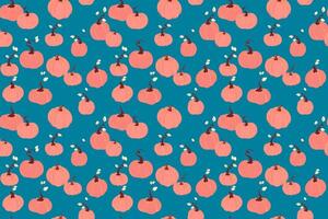 Seamless pattern with hand drawn orange pumpkins and stems on a teal, turquoise background. Template for fall decor, Thanksgiving projects, autumn textiles, wrapping paper, and harvest designs vector