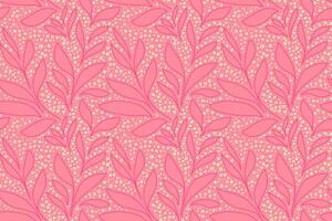 Seamless pattern with hand drawn botanical leaves and organic dots in a pink and yellow hue on a peach background. Simple design for textiles, wallpapers, packaging, stationery vector