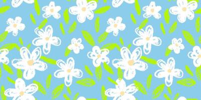 Playful seamless pattern with hand drawn white flowers and green leaves on a sky blue background. Cheerful and fresh design for kids textiles, wrapping paper, summer or spring decor vector