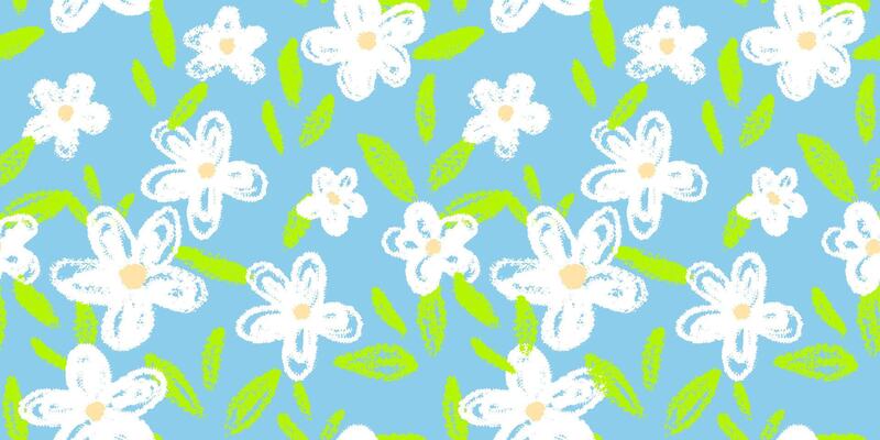Playful seamless pattern with hand drawn white flowers and green leaves on a sky blue background. Cheerful and fresh design for kids textiles, wrapping paper, summer or spring decor