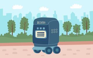 Technology and robots delivery. Delivery robot drives through the streets of the city. vector
