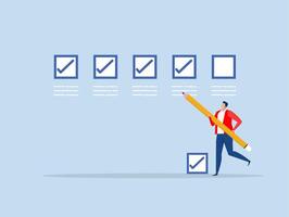 checking the list,businessman expert holding pencil tick all completed task checkbox,Getting things done, completed tasks achievement or project progression concept vector
