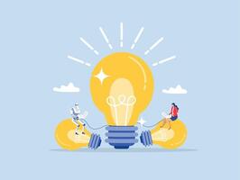 businesswoman and robot working with computer laptop on bright light bulb idea.creative idea to solve work problem, success discover new innovation concept,smart Artificial Intelligence vector