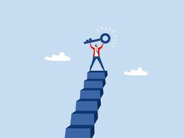 businessman winner walk up to top of stairway lifting golden success key to the sky.Key to business success concept vector