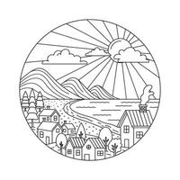 Sunny Coastal Village by the Mountains Lineart Illustration vector