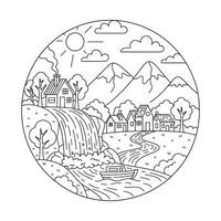 Idyllic Village by a Waterfall Lineart Illustration vector
