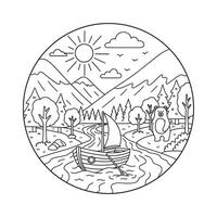 River Journey with Bear Lineart Illustration vector