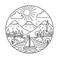 Riverside Mountain And Sun Lineart Illustration vector