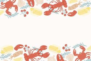 Seafood background with copyspace, Lobster, crab. Illustration isolate on a light pink background. vector