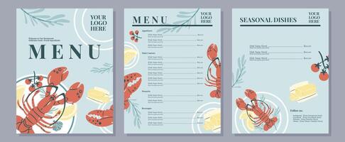 Set of seafood background menu templates with lobster, herbs, lemon, and butter. Perfect for restaurant design, card, brochure, cover or banner. vector