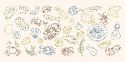 Colorful seafood outline set with fish, lobster, herbs, and lemon. Great for menu, background, banner, wallpaper and coloring page. vector