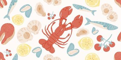 Seamless pattern with delicious lobster, fresh seafood, lemons, and tomatoes. Mediterranean summer background and banner design. vector