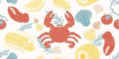 Seamless pattern with crab, butter, corn, and herbs. Ideal for seafood menu, banner, background, or kitchen design. vector
