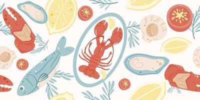 Seamless pattern of seafood background with lobster, fish, lemon, and herbs. Mediterranean summer kitchen design for menu or banner. vector