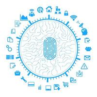 Cloud computing concept with fingerprint and cybersecurity icons, representing data protection, privacy, and digital network security vector