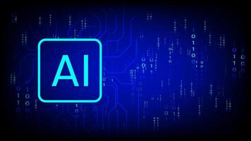AI symbol glowing over a digital circuit background with binary code stream, representing artificial intelligence, data processing, and futuristic technology vector