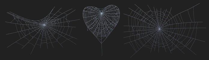 Spooky halloween old cobweb with various sizes and shapes. Old spider web set flat illustration isolated on black background. vector