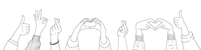 Doodle sketch hands up gestures comic icons silhouettes set isolated on white background. vector