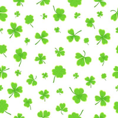 Shamrock or clover leaf flat design green seamless pattern falling leaves on white background illustration.