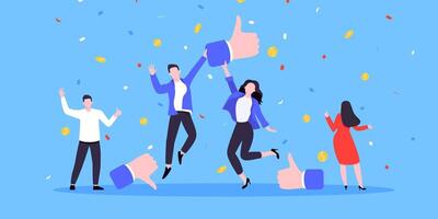 Customer feedback, employee or client satisfaction rating review with good symbols - thumb up business concept and kumping people. vector