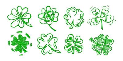 Lucky four, three clover shamrock leaf icon hand drawn illustration set. vector