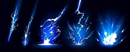 Lightning strike bolt silhouettes sequence illustration with light effect. vector
