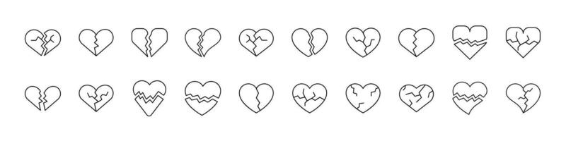 Pack of Broken Heart Related Line Icons. Outline Signs for Graphic and Web Design, Apps, Adverts, Various Cards vector