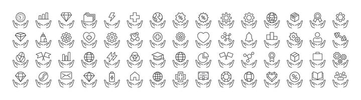 Collection of Charity Related Line Icons. Time, Gem, Health etc over Open Hand Outline Signs for Graphic and Web Design, Apps, Adverts, Various Cards vector