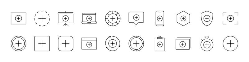 Bundle of Plus Sign Related Line Icons. Outline Signs for Graphic and Web Design, Apps, Adverts, Various Cards vector
