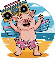 A cartoon pig with wings and a boombox on the beach vector