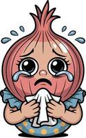 A cartoon onion crying and holding a tissue vector